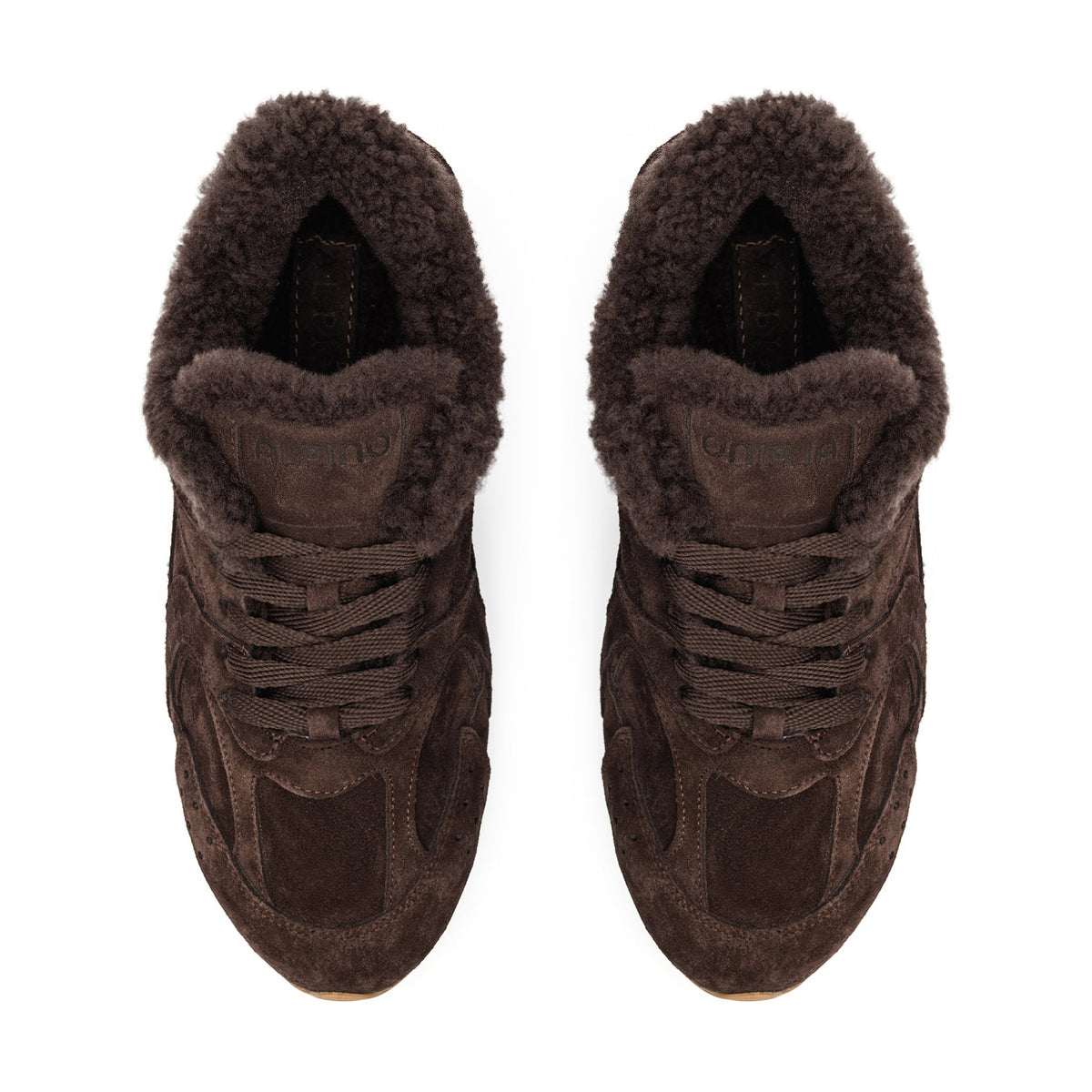 Brown suede shearling sneaker with lace-up front and fuzzy collar lining