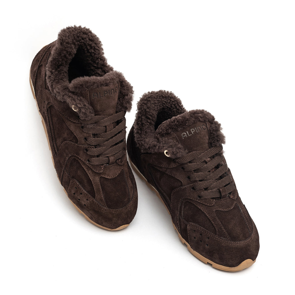 Brown suede shearling sneakers, lace-up style with cushioned fuzzy lining