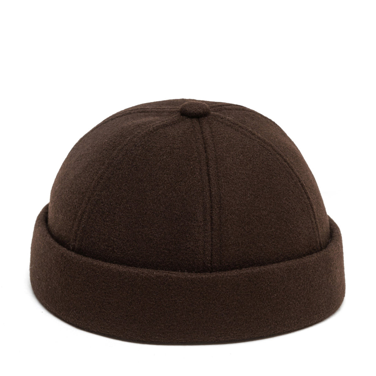 Chocolate-brown Docker cap with centered crown seam and curved brim