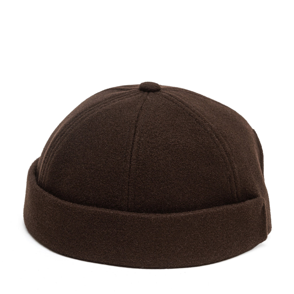 Chocolate-brown Docker cap side view with short curved folded brim