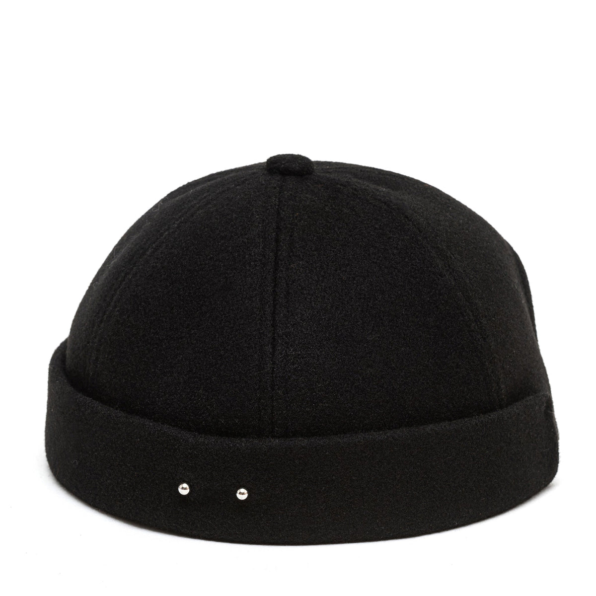Black docker cap top view with centered seam and two metal studs