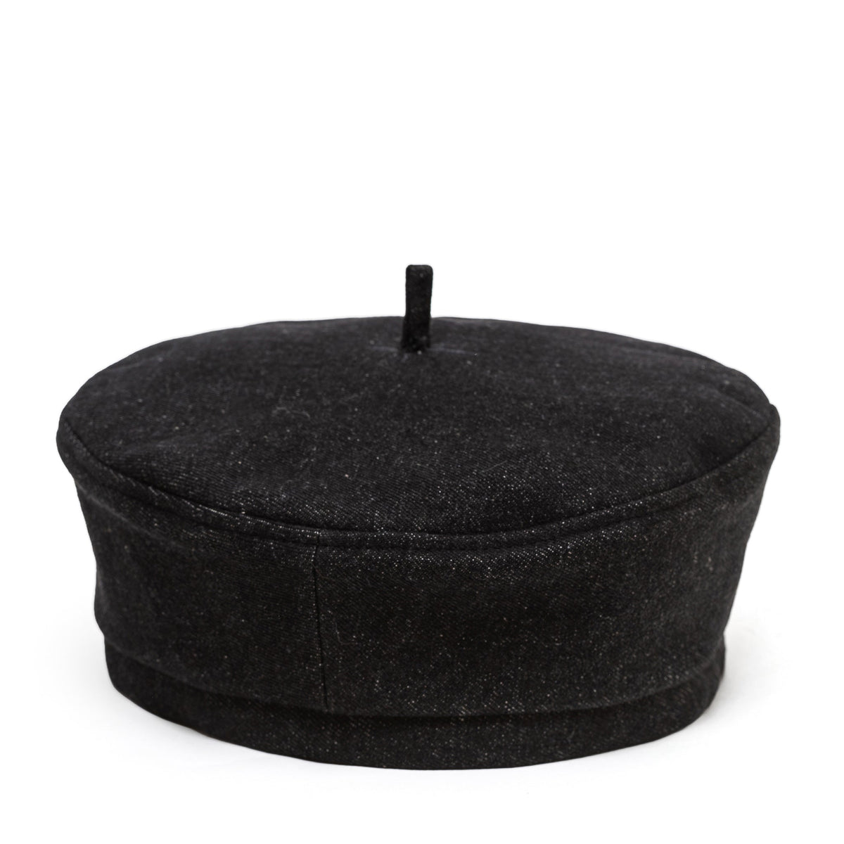 Black round beret hat with small top pin and structured band