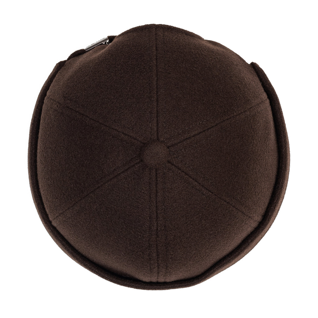 Chocolate-brown Docker cap top view with circular seam pattern