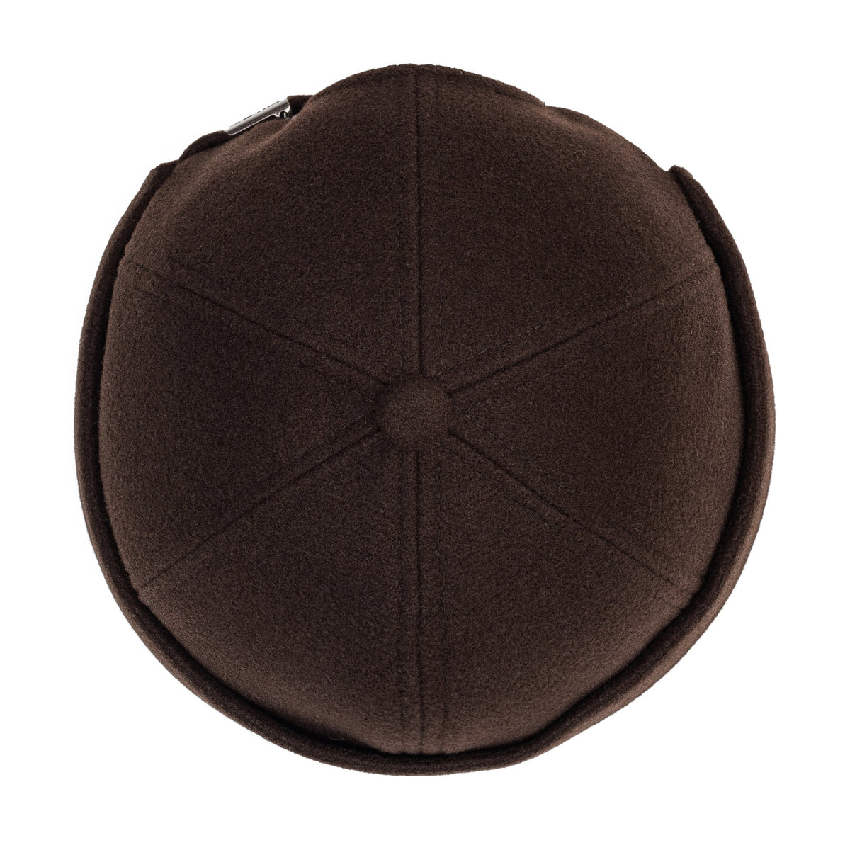 Chocolate-brown Docker cap top view with circular seam pattern
