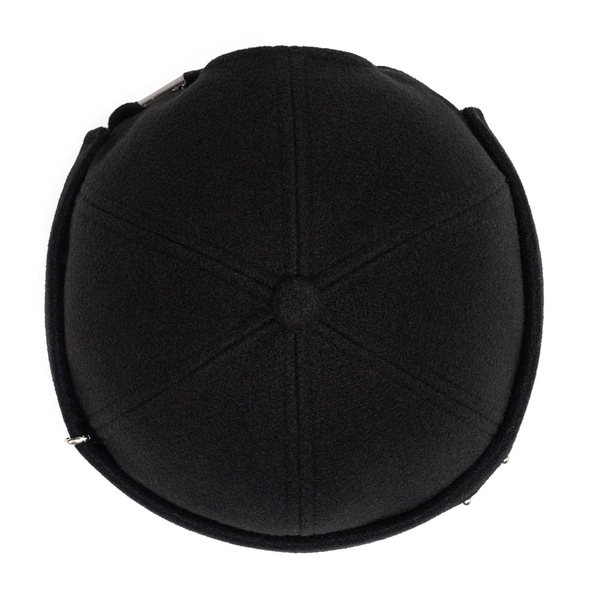 Black docker cap back top with seam lines and small metal eyelets
