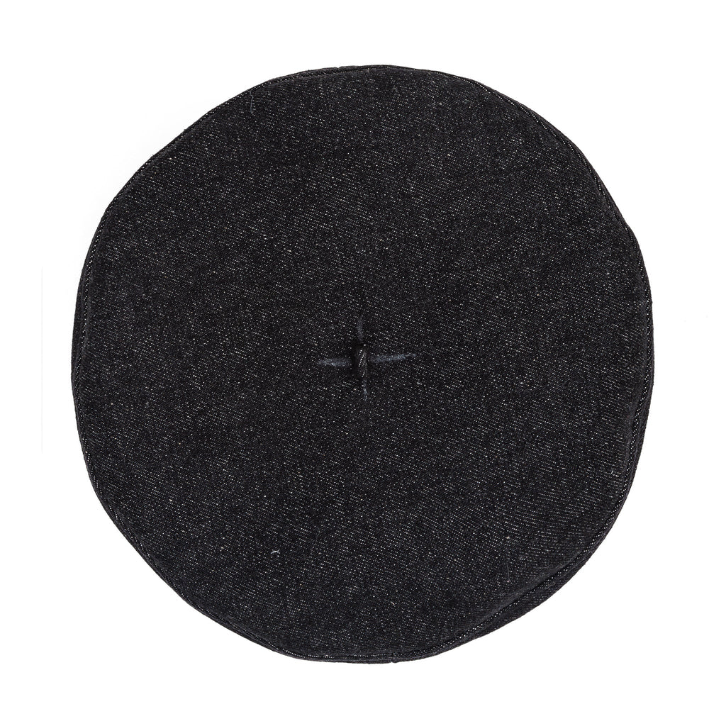Black beret hat viewed from above with small center top tab