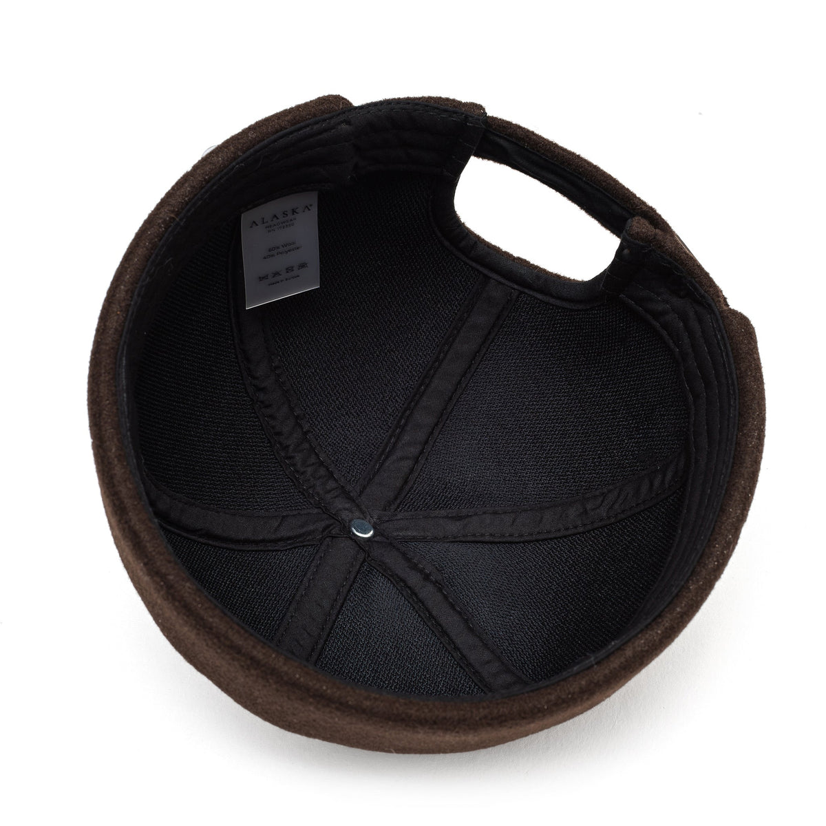 Chocolate-brown Docker cap with black interior lining and adjustable strap