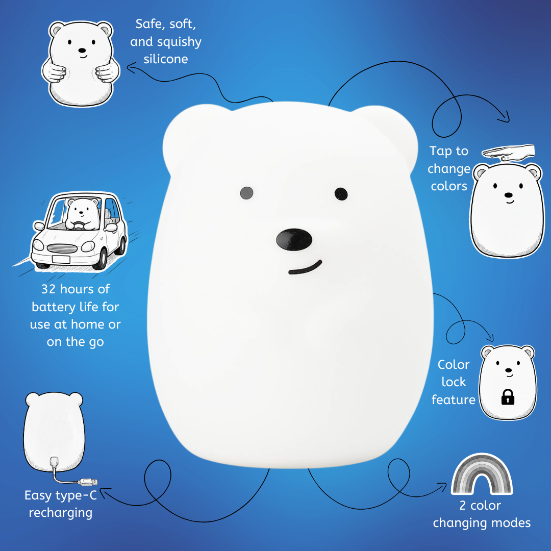 White LumiPet bear night light with touch controls and color-changing concept