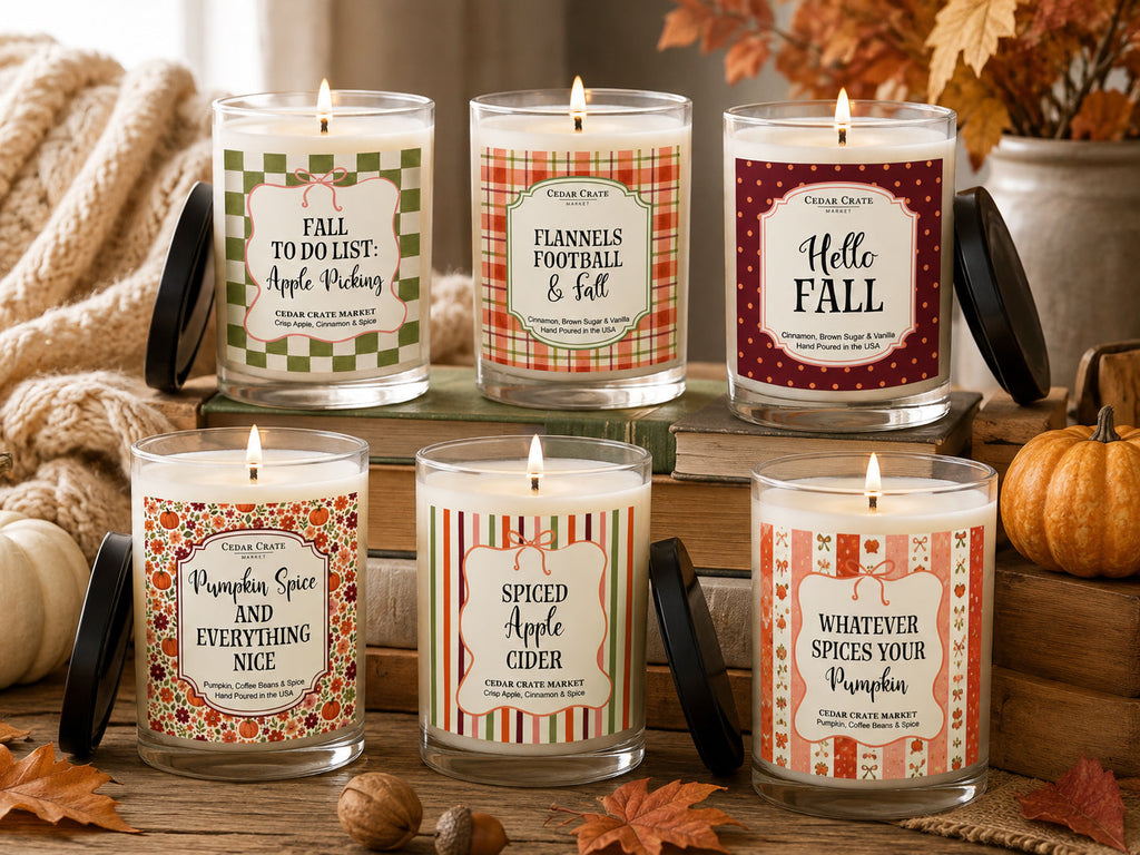 Assorted fall-scented candles in glass jars with label designs and lit wicks.
