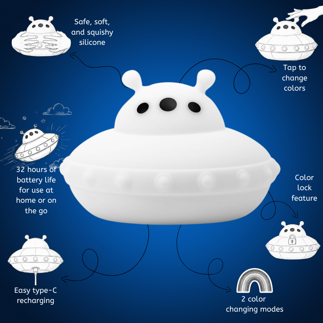 White UFO touch night light with blue glow and three black oval eyes