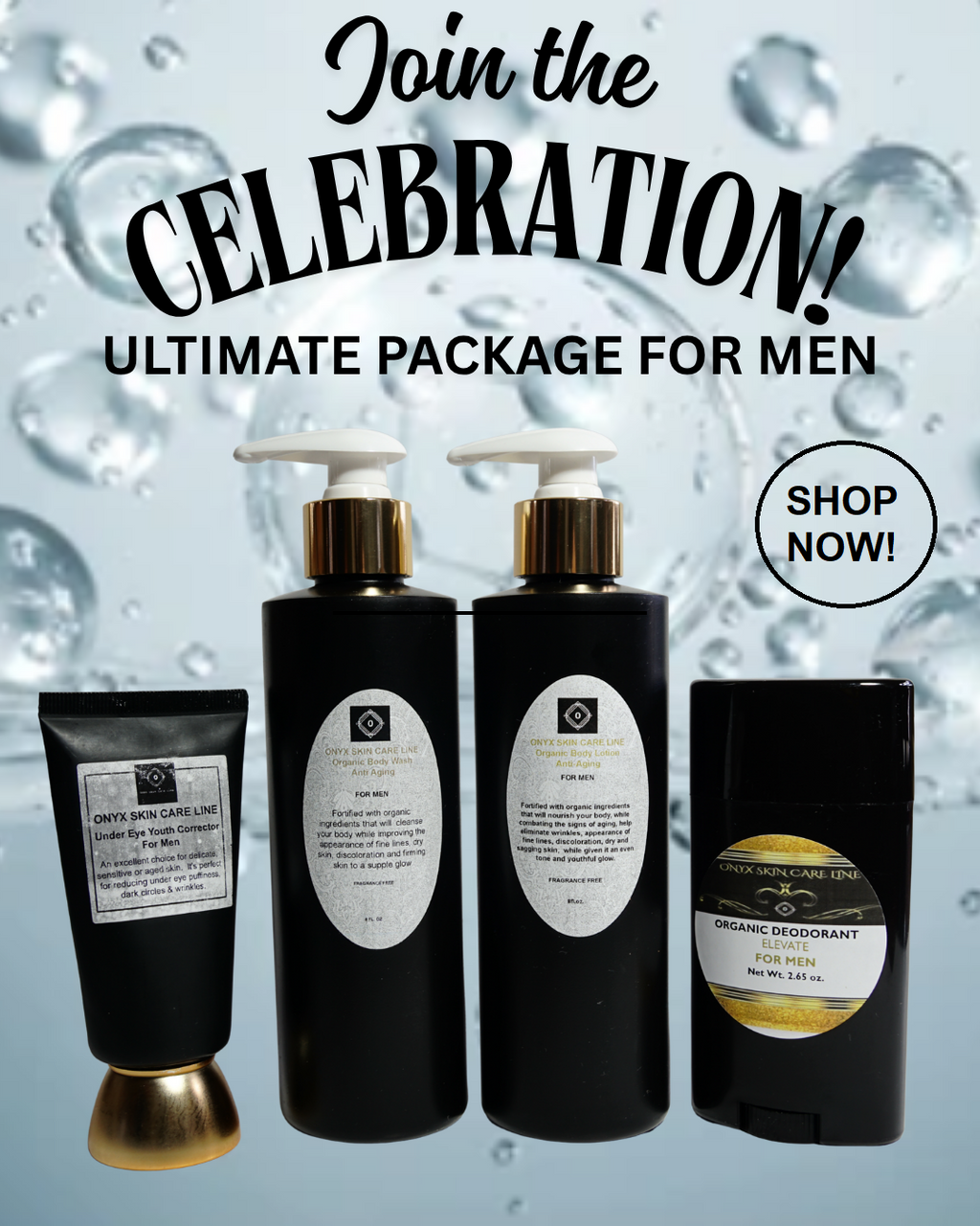 Men's organic skincare set with four black bottles and pump, plus deodorant tube