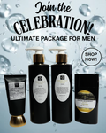 Men's organic skincare set with four black bottles and pump, plus deodorant tube