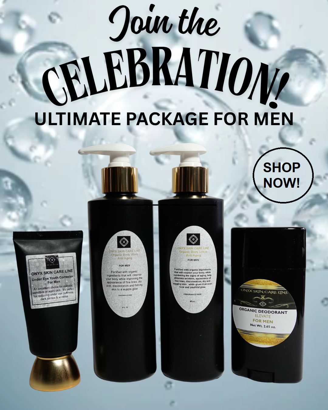 Men's organic skincare set with four black bottles and pump, plus deodorant tube