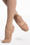 Capezio kids nude ballet slippers with elastic drawstring and split sole, side view