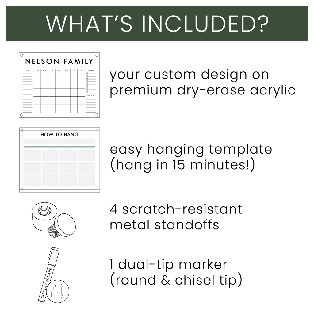 Premium dry-erase acrylic calendar set with template, metal standoffs, and dual-tip marker