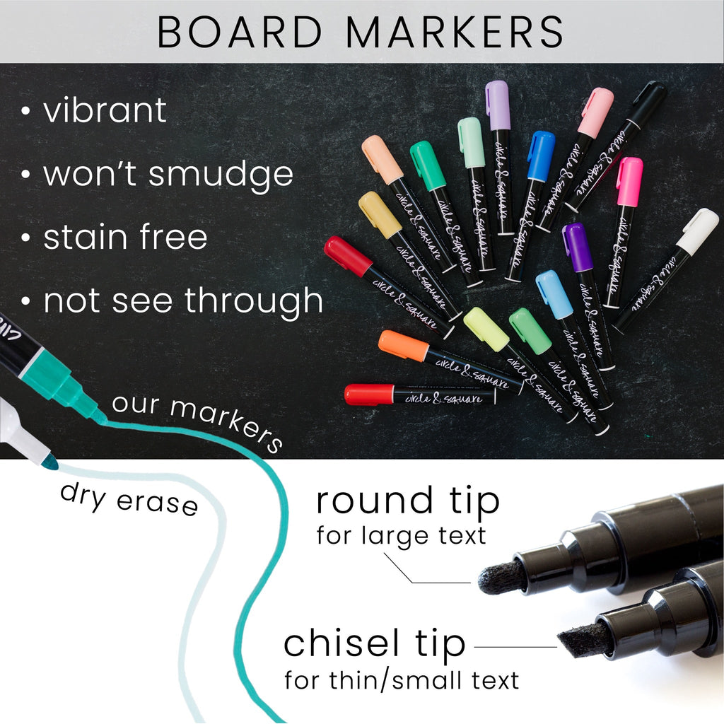 Dual-tip board markers: round tip for large text and chisel tip for small text
