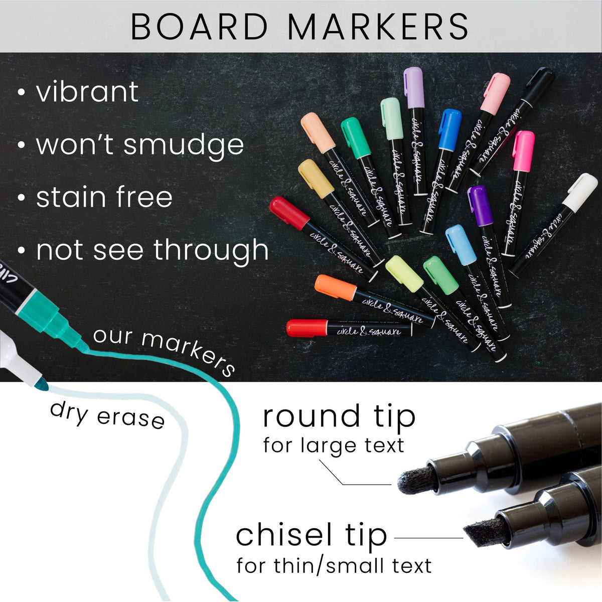 Dual-tip board markers: round tip for large text and chisel tip for small text