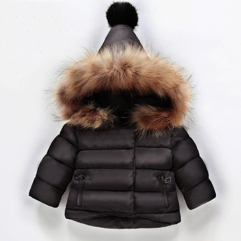 Black hooded baby puffer jacket with faux-fur trimmed hood and zip front