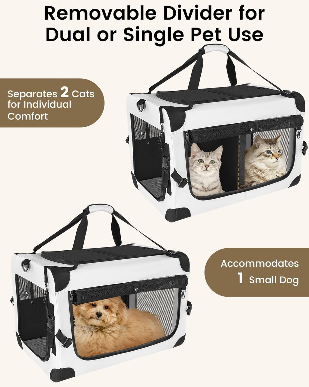 Soft-sided pet carrier with removable divider for dual or single pet use, white and dark gray