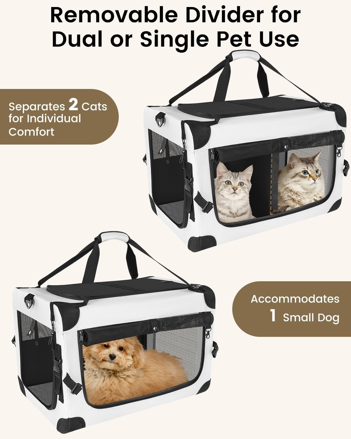 Soft-sided pet carrier with removable divider for dual or single pet use, white and dark gray