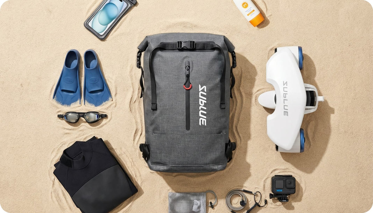 Waterproof backpack 30L flat lay, dark gray with accessories and straps