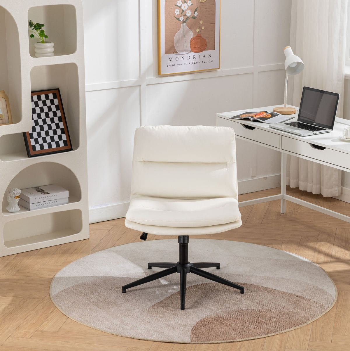 White adjustable swivel office chair with thick padded back and seat, black base.
