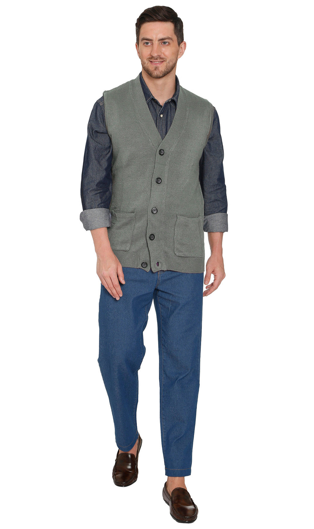 Cashmere-like knit sweater vest in gray with button front and chest patch pockets