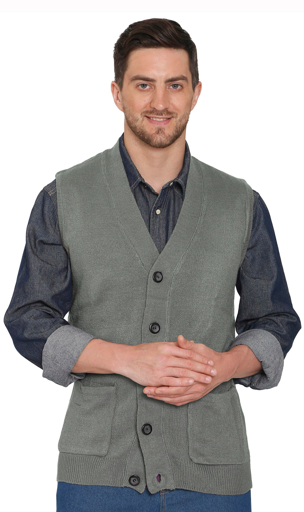 Men's cashmere-like knit sweater vest in gray with button front and chest pockets
