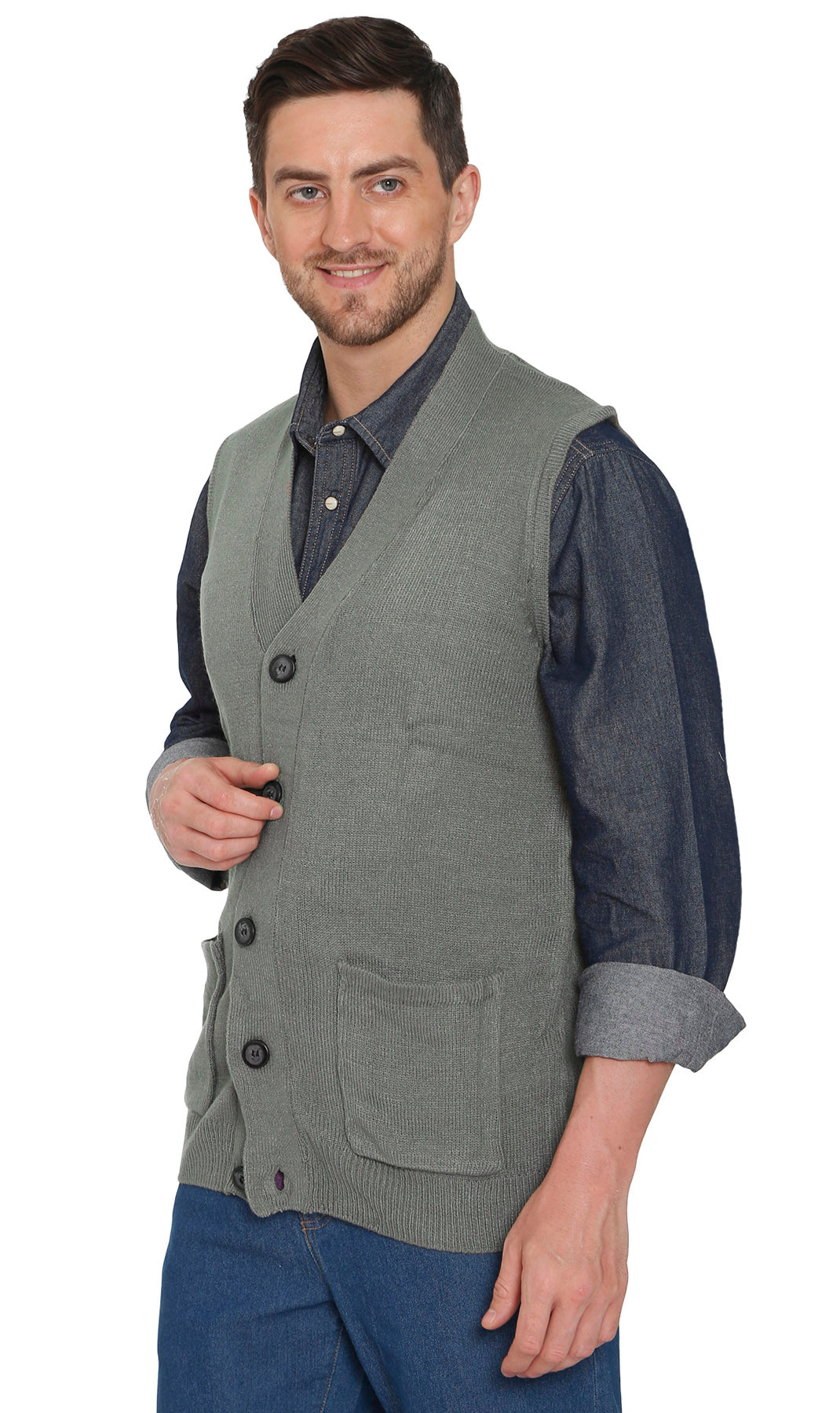 Men's cashmere-like knit vest in gray with button front and two chest patch pockets