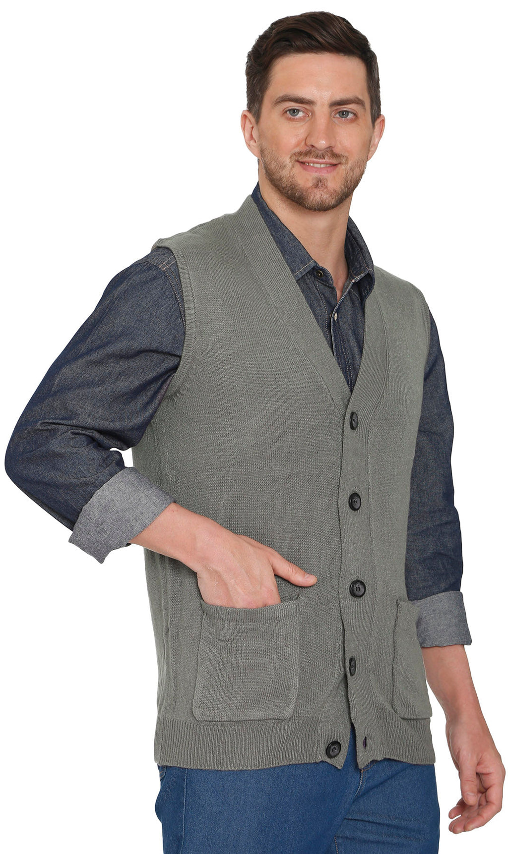 Cashmere-like knit sweater vest in gray with button front and patch pockets