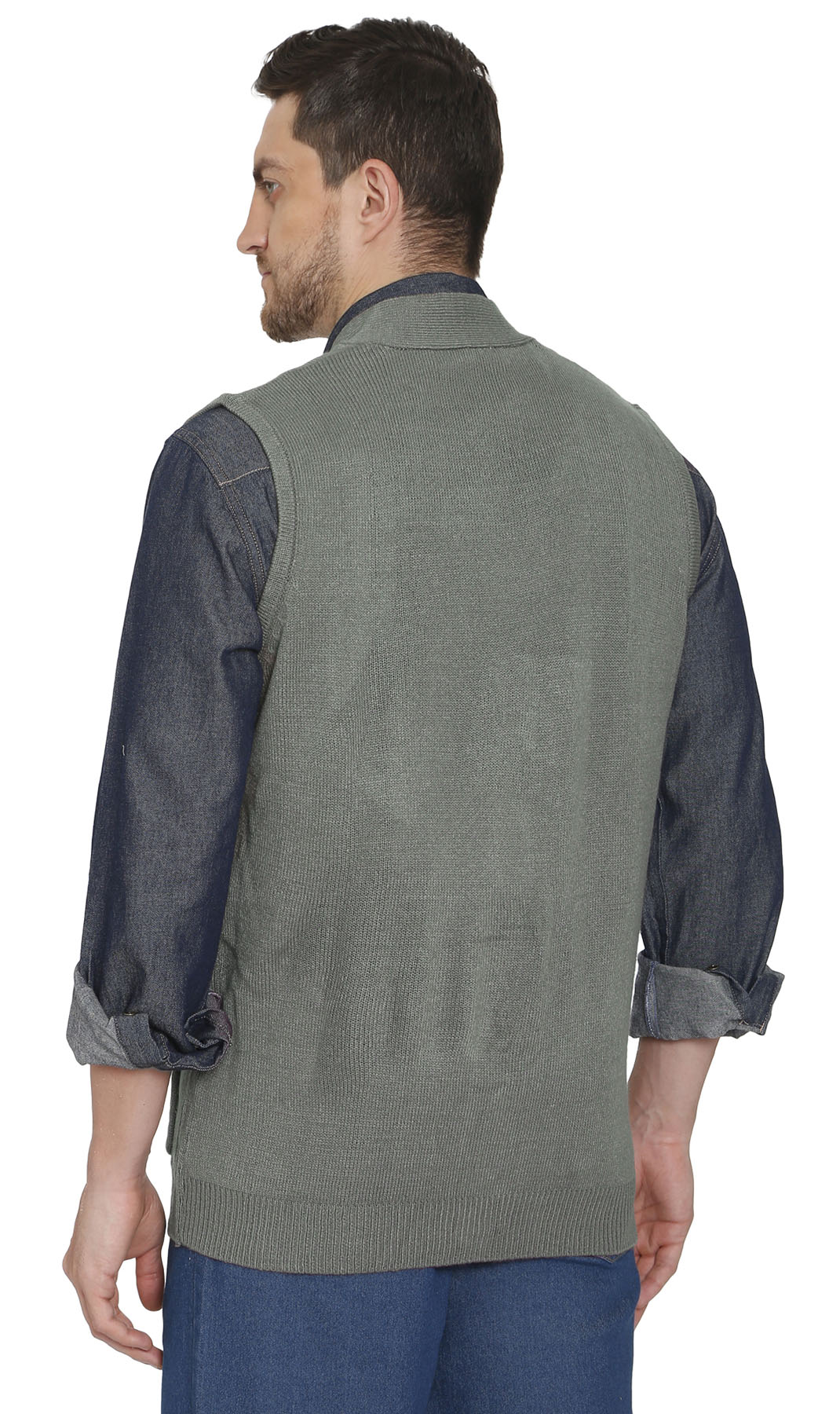 Cashmere-like knit sweater vest in gray, back view, button front
