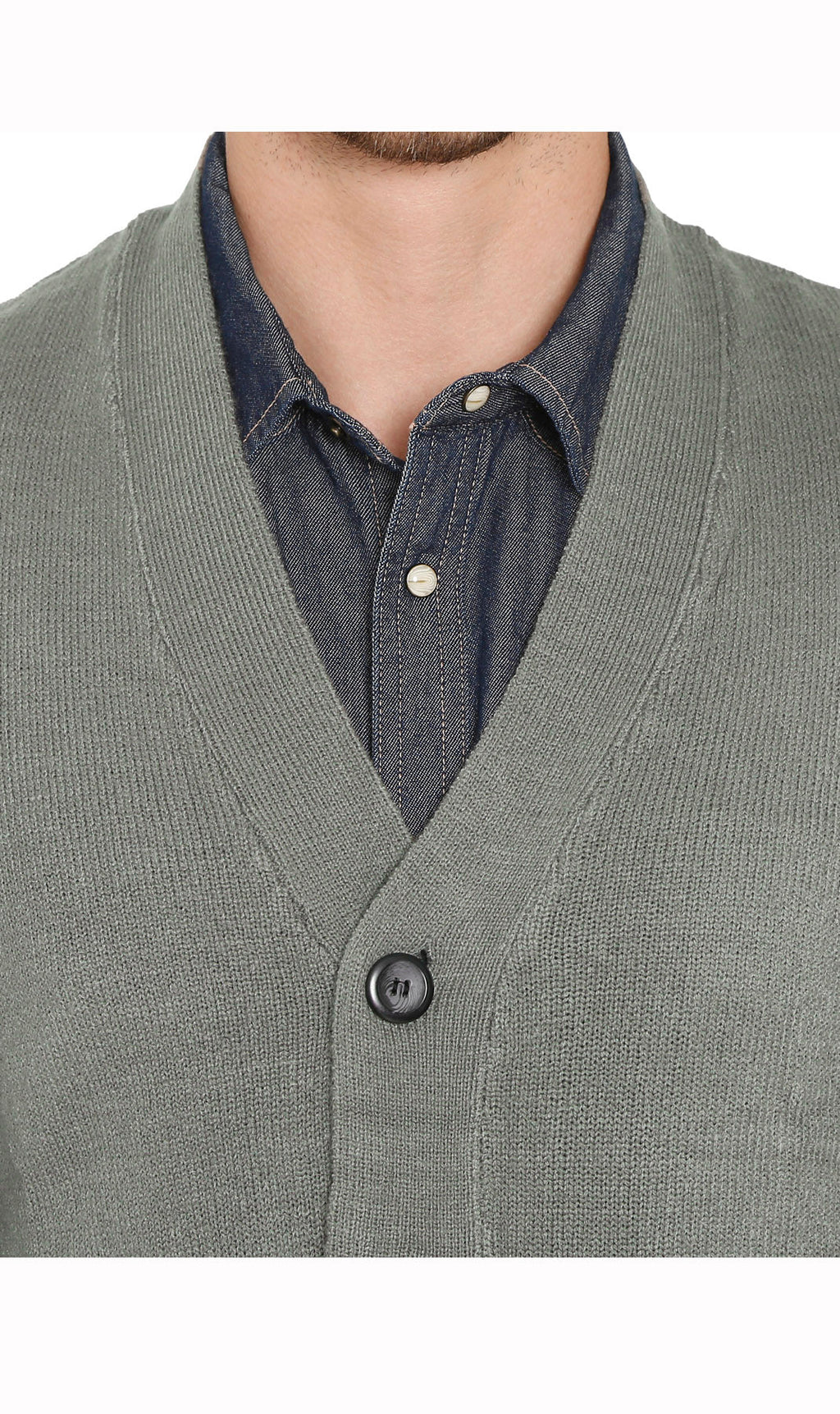 Close-up of gray cashmere-like knit vest button front and collar