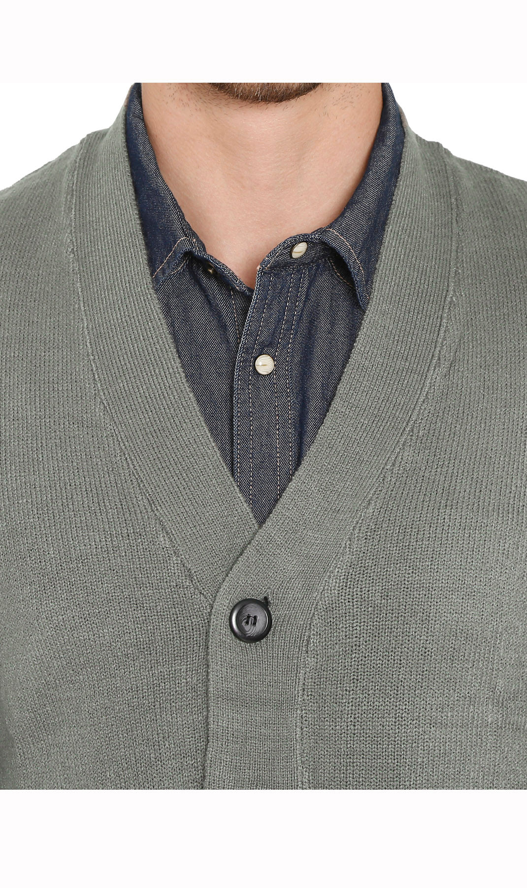 Close-up of gray cashmere-like knit vest button front and collar