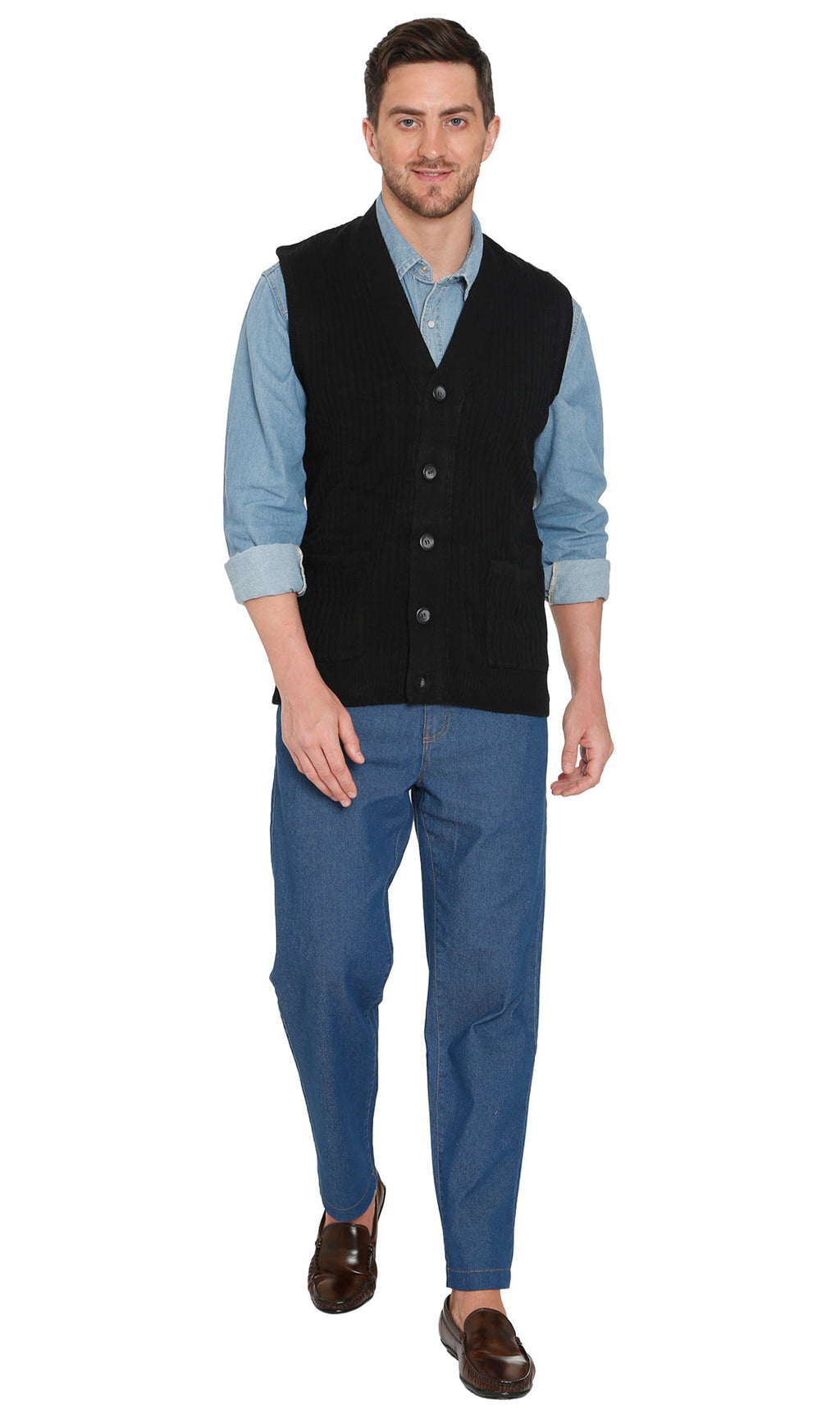 Black flat-knit sweater vest with V-neck button front and chest pockets, worn over shirt.
