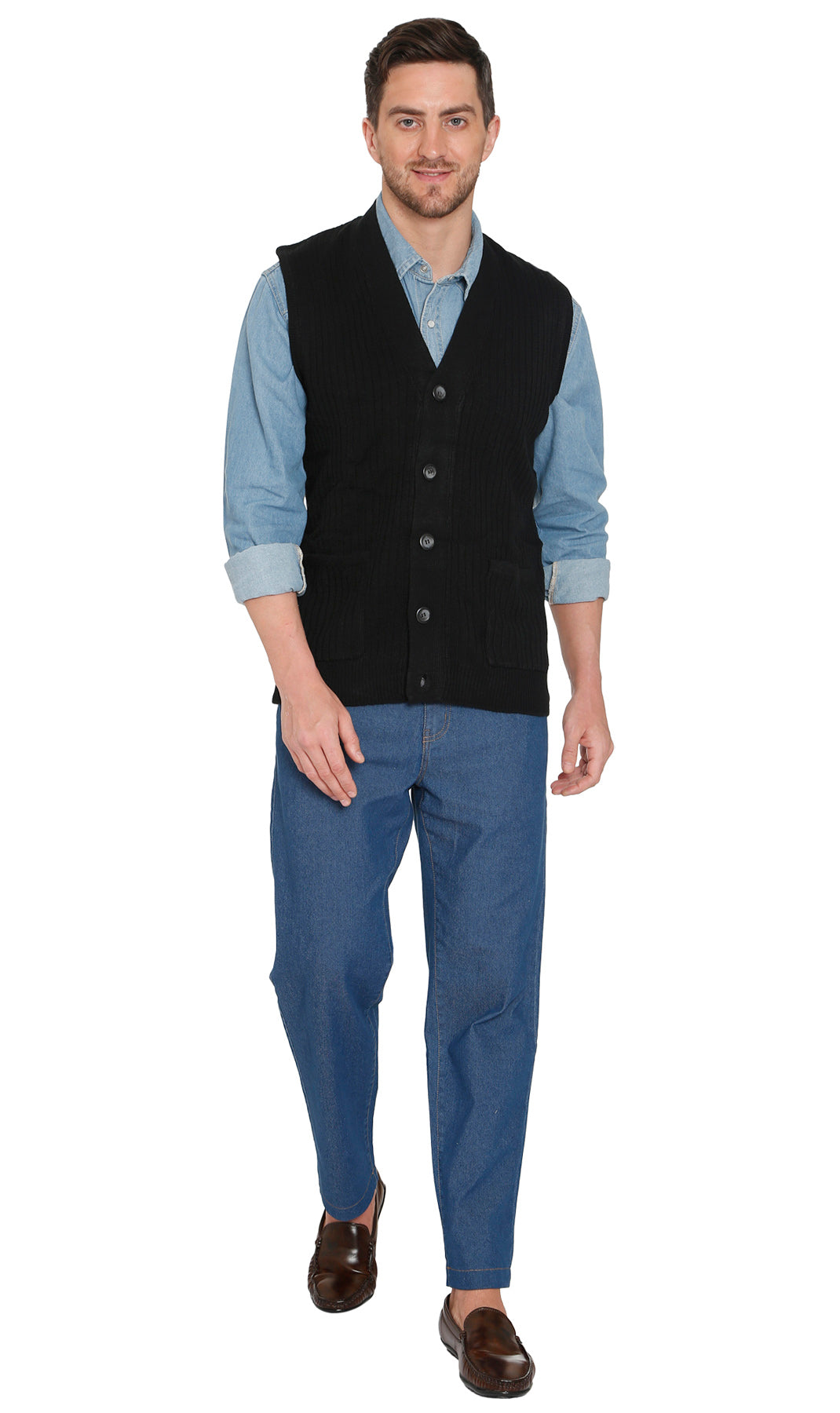 Black flat-knit sweater vest with V-neck button front and chest pockets, worn over shirt.