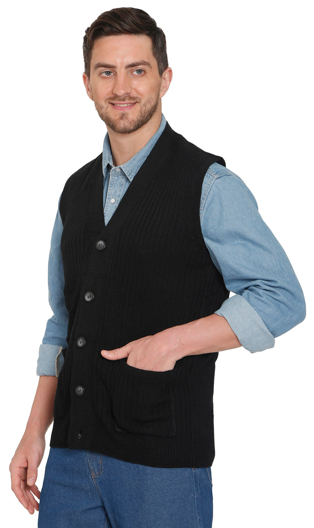 Black flat-knit sweater vest with V-neck, button front, and chest pockets.