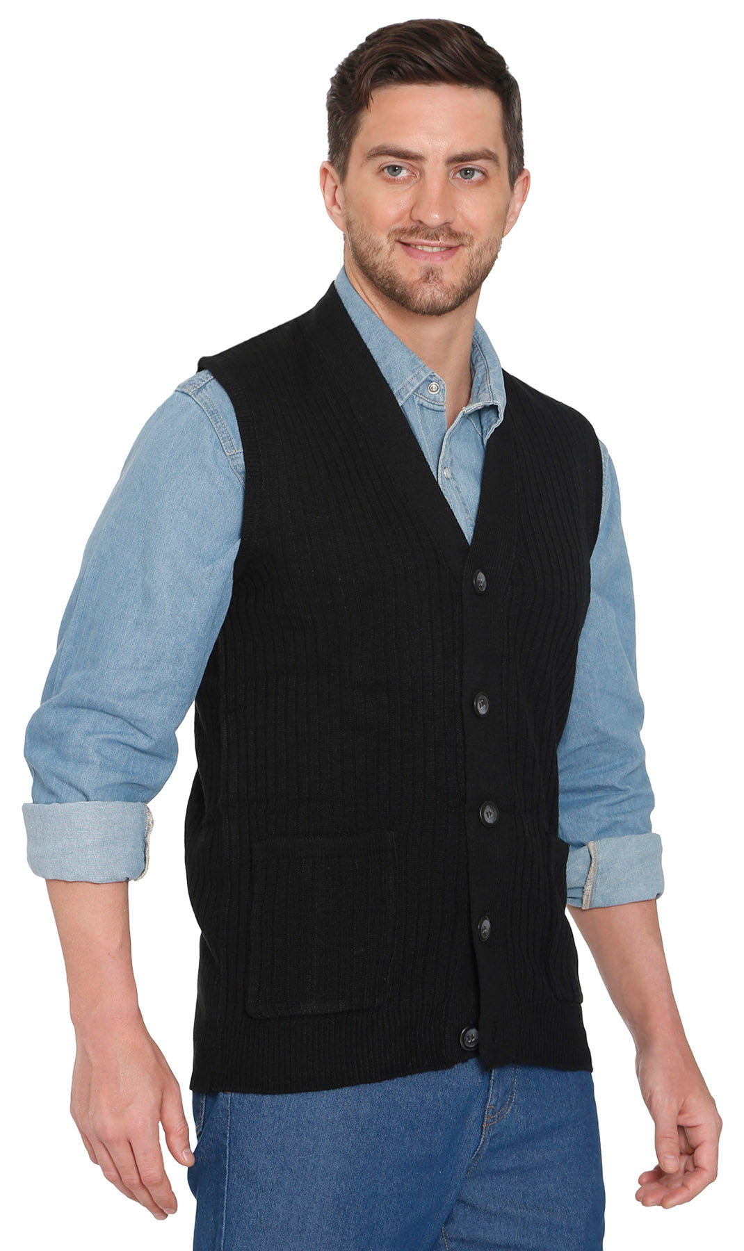 Black flat-knit sweater vest with V-neck button front and chest pockets, side view.