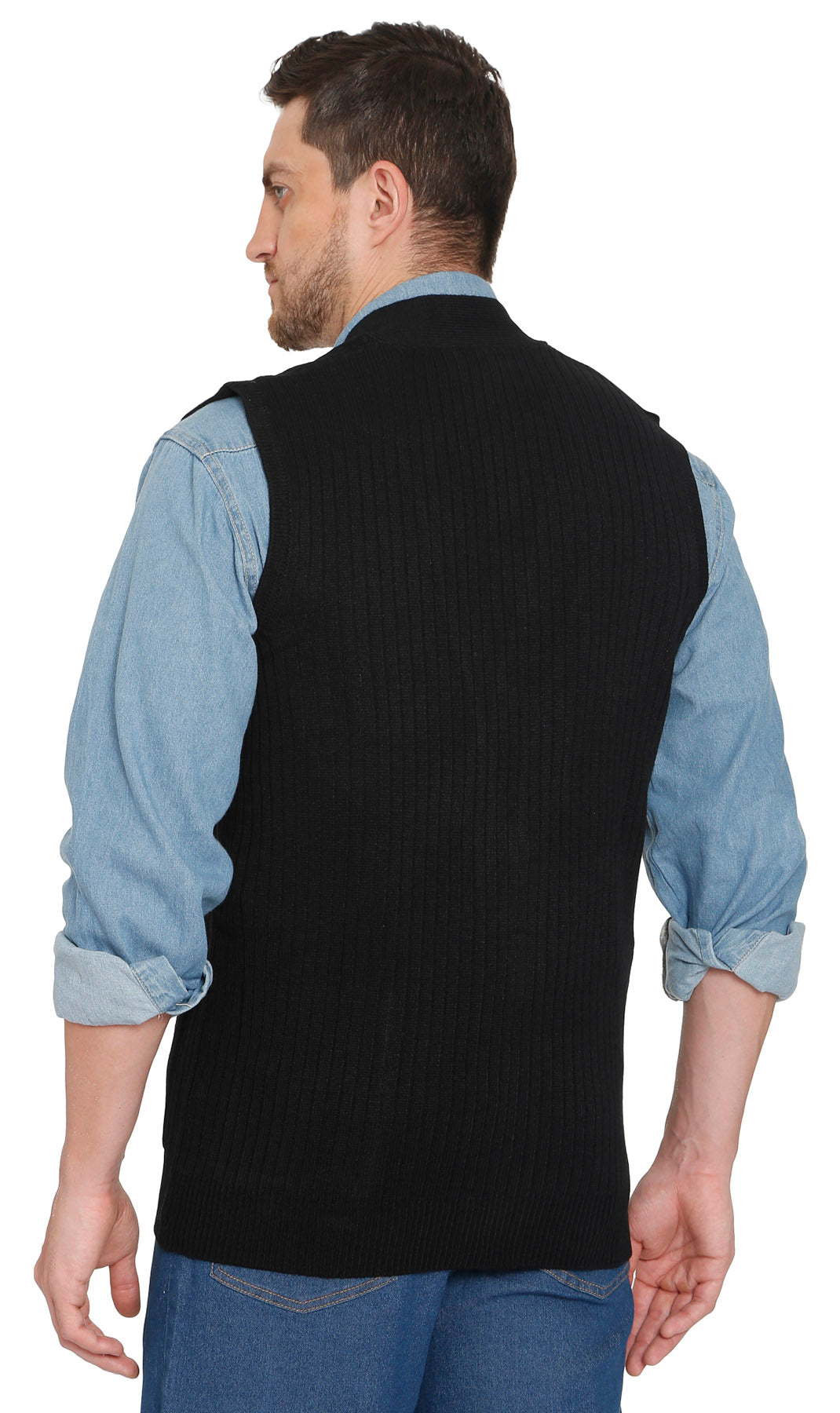 Men's cashmere-like button-front sweater vest with chest pockets, black, back view