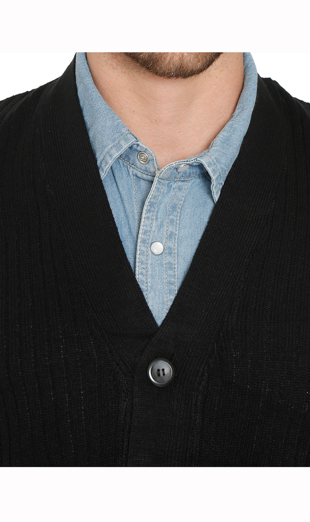Black sweater vest close-up with V-neck, button front, and knit texture.