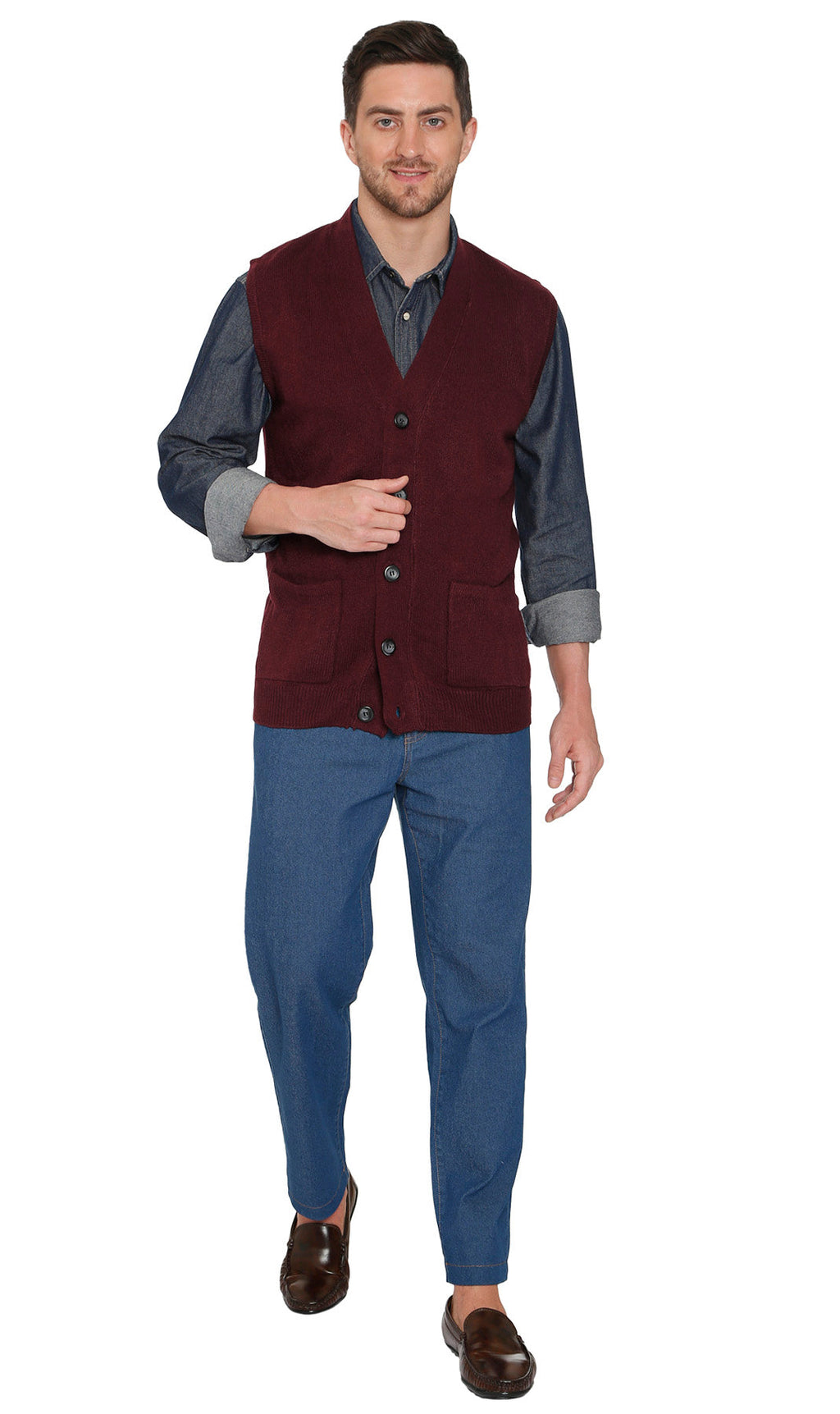 Men's cashmere-like sweater vest in burgundy with button front and chest pockets