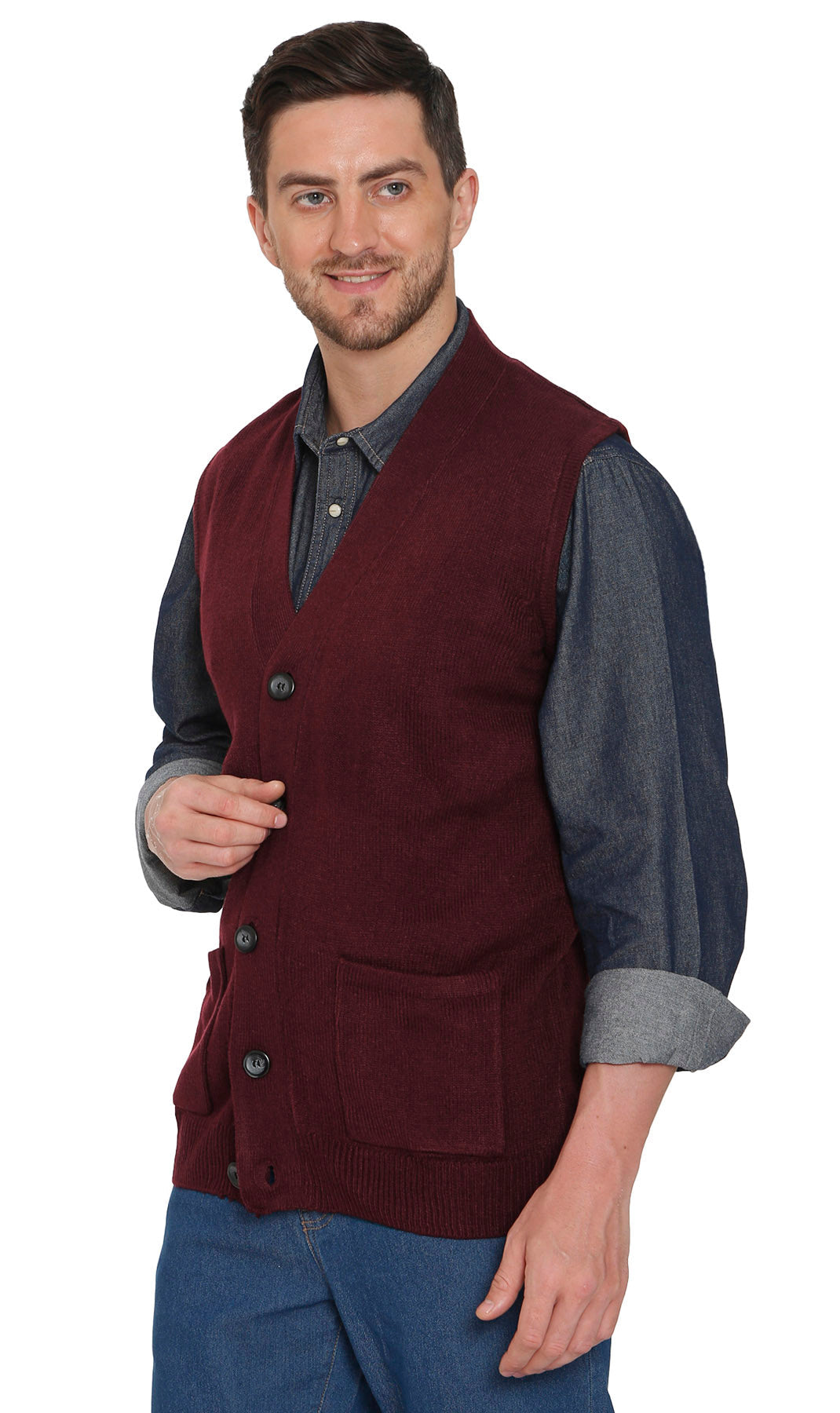 Men's cashmere-like sweater vest in burgundy with button front and chest pocket