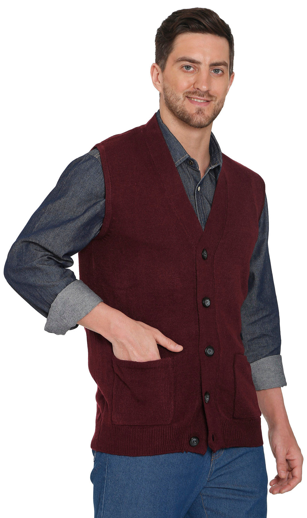 Men's cashmere-like sweater vest in burgundy with button front and chest pockets