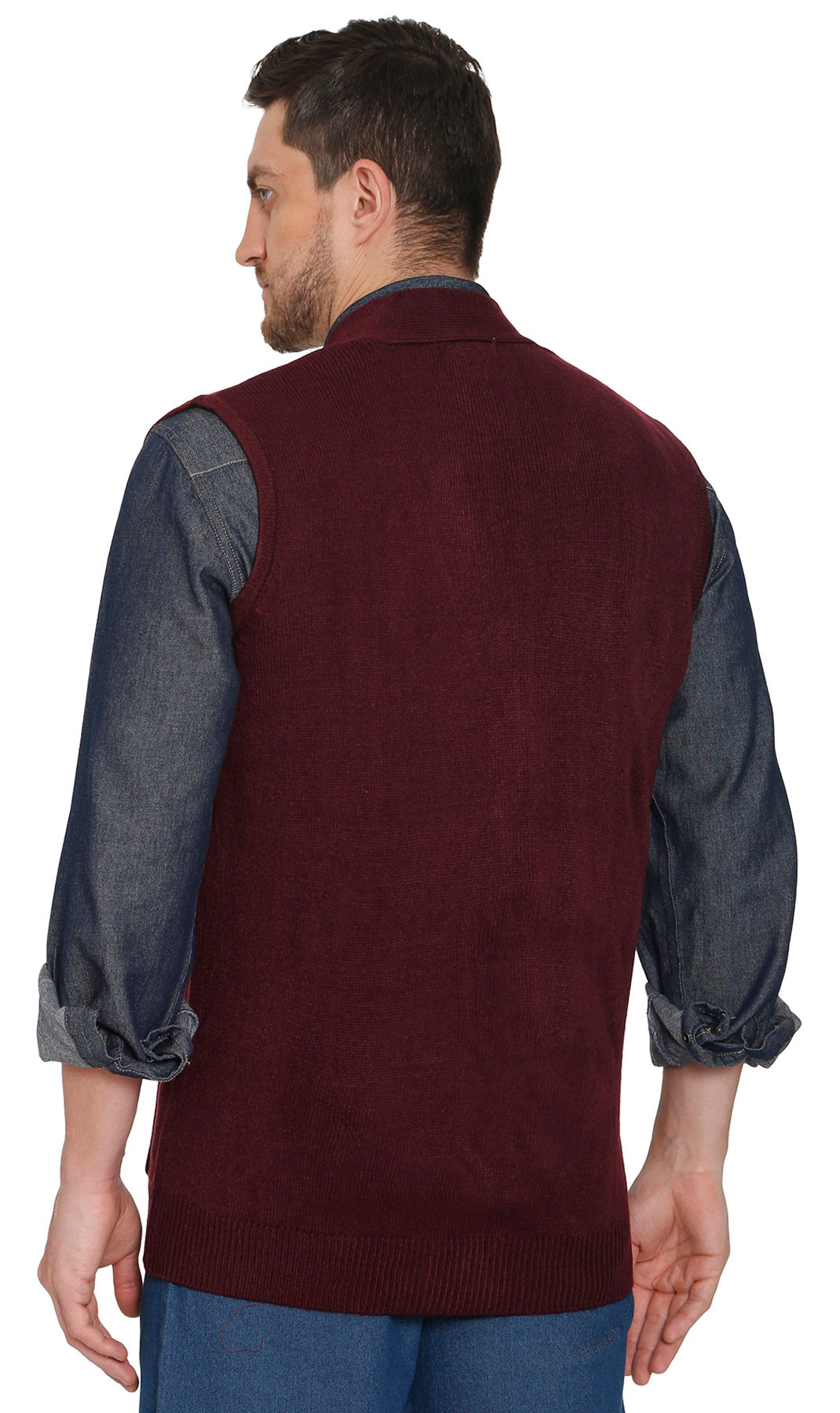 Men's cashmere-like sweater vest in burgundy, back view, button front