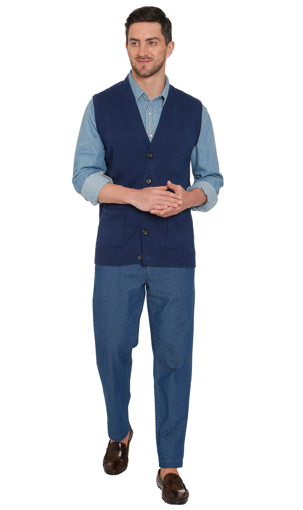 Men's cashmere-like sweater vest in navy with button front and chest pockets