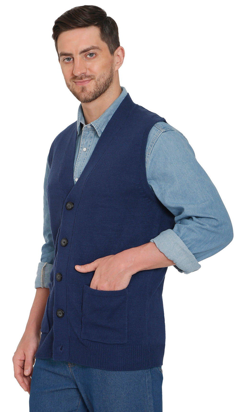 Men's cashmere-like sweater vest in navy with button front and chest pockets