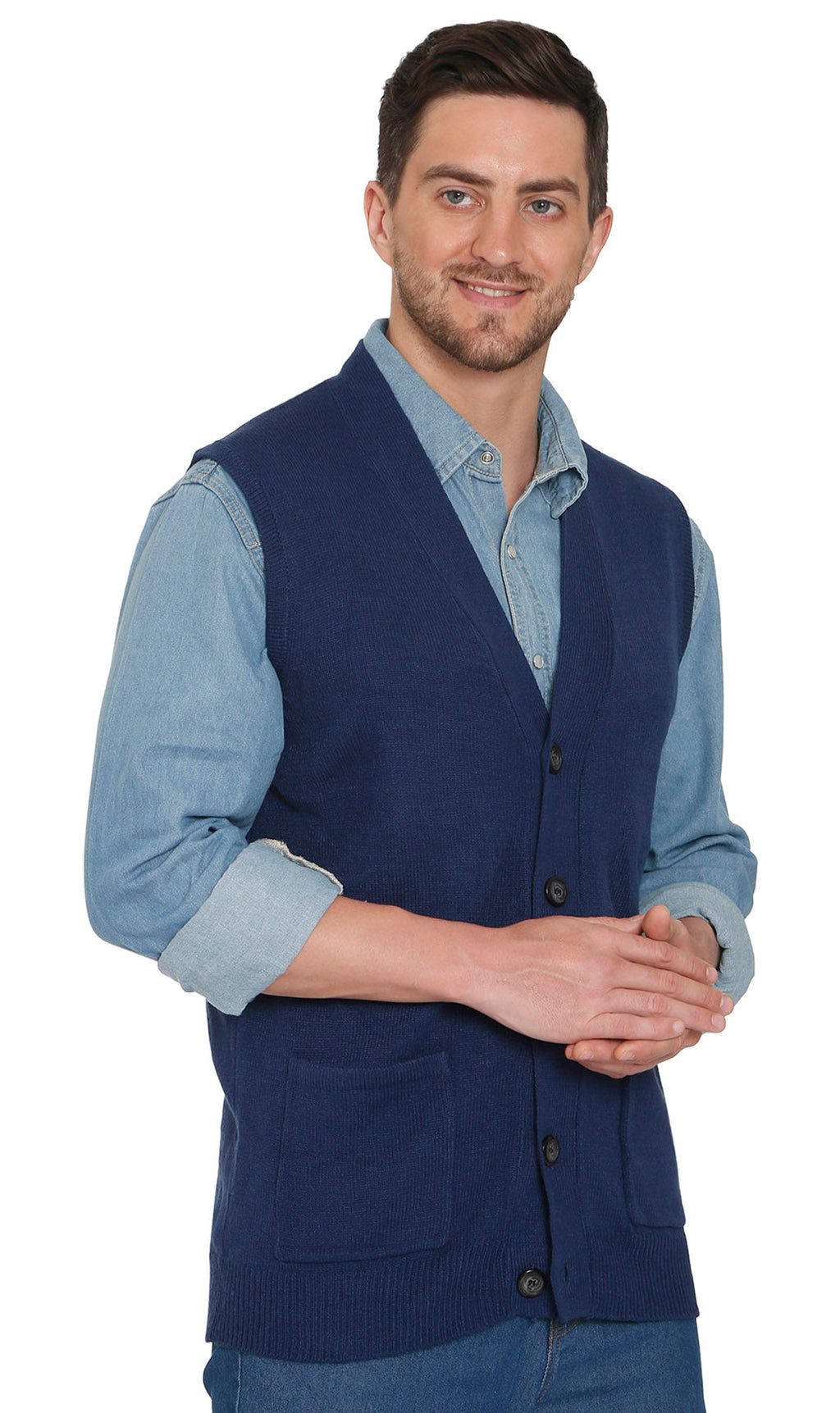 Men's cashmere-like sweater vest in navy with button front and chest pockets