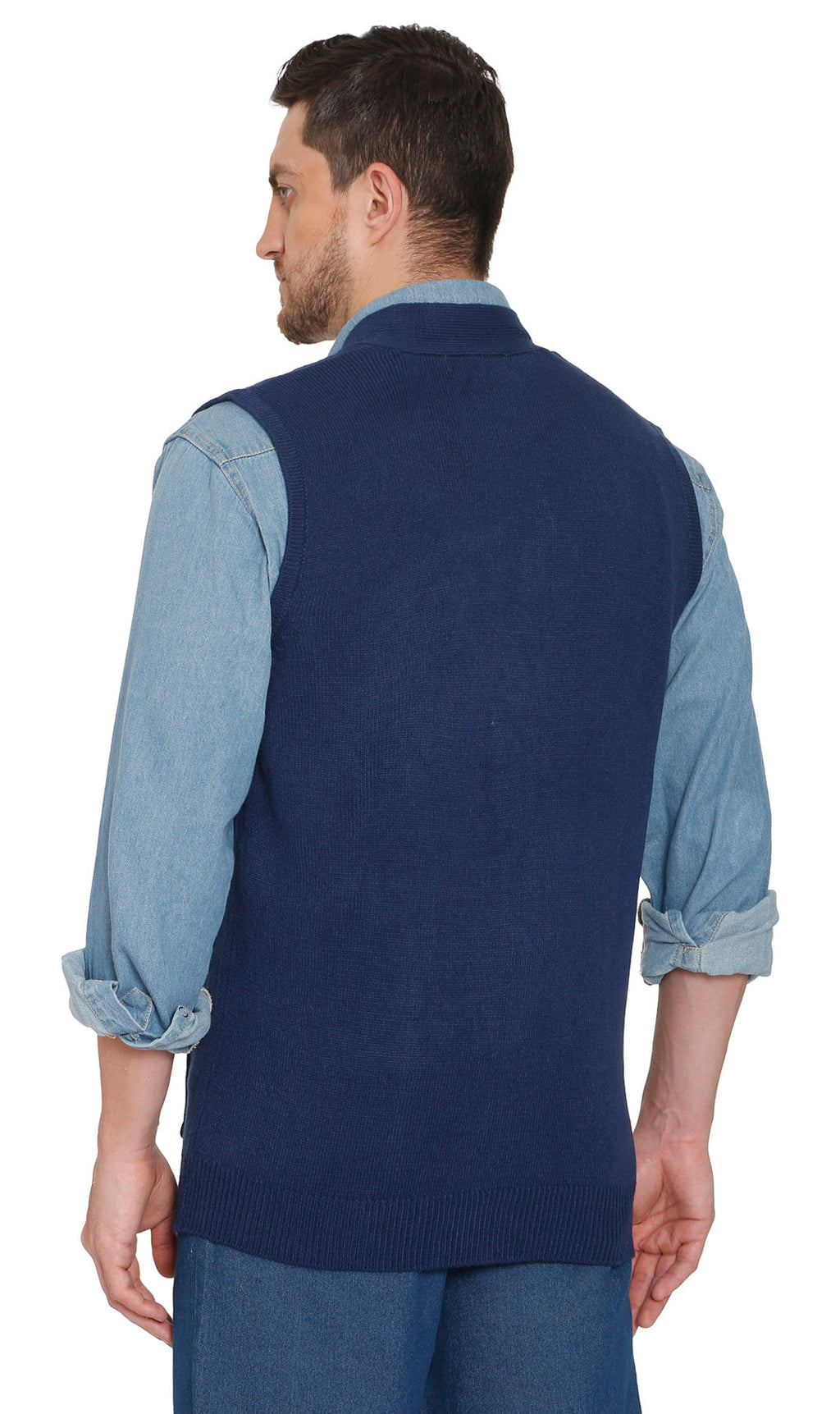 Cashmere-like knit sweater vest in navy, back view, button front