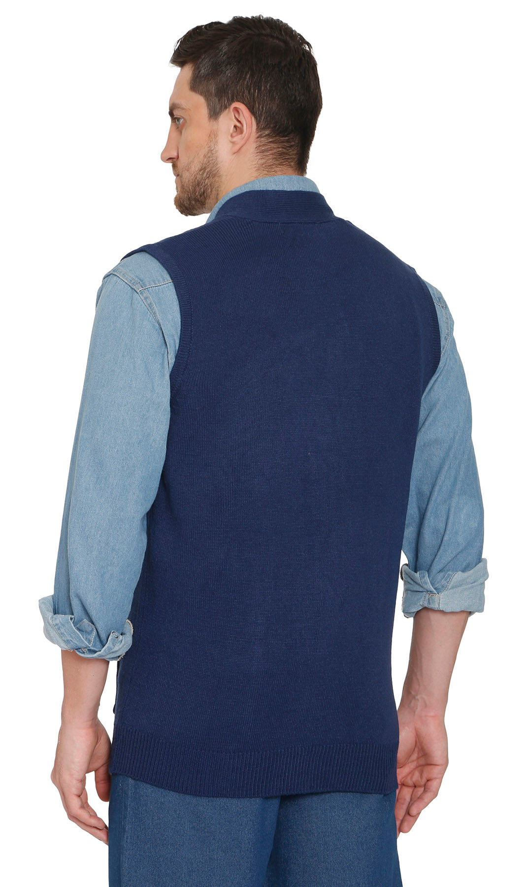 Cashmere-like knit sweater vest in navy, back view, button front