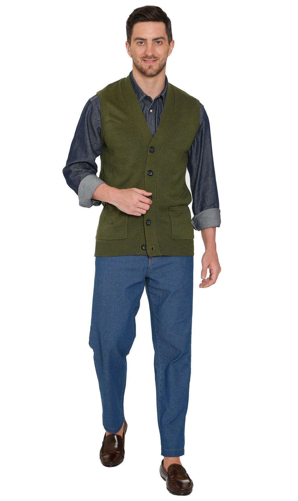 Men's cashmere-like button-front sweater vest with chest pockets, olive green