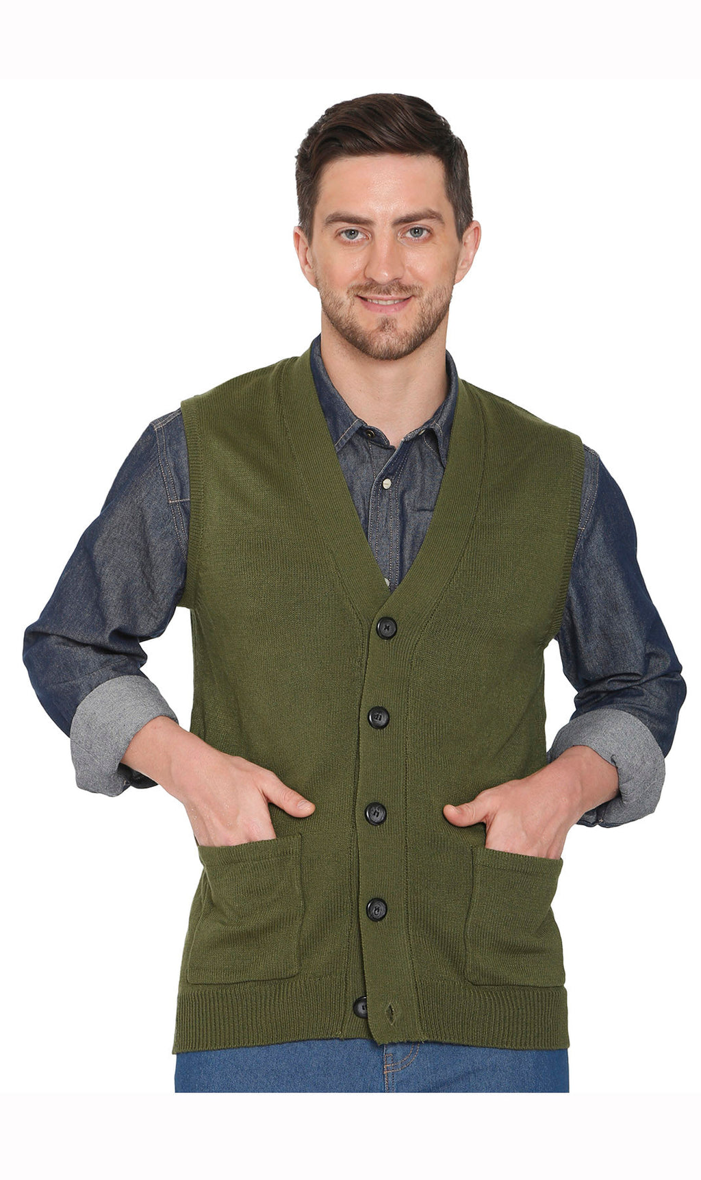 Men's cashmere-like button-front sweater vest with chest pockets, olive green close-up